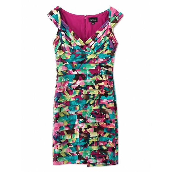 Dresses & Skirts - Adrianna Papell Floral Ruched Sheath Dress Size‎ 10 Pink Blue Cocktail Wedding